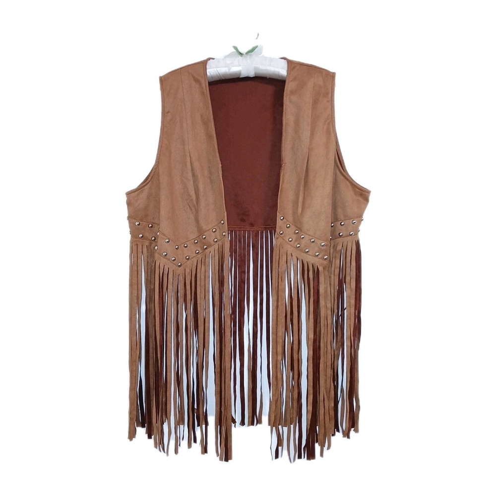 Country Western Fringe Vest 3XL Tan Women Studded Faux Suede Cowgirl Rodeo Ranch
